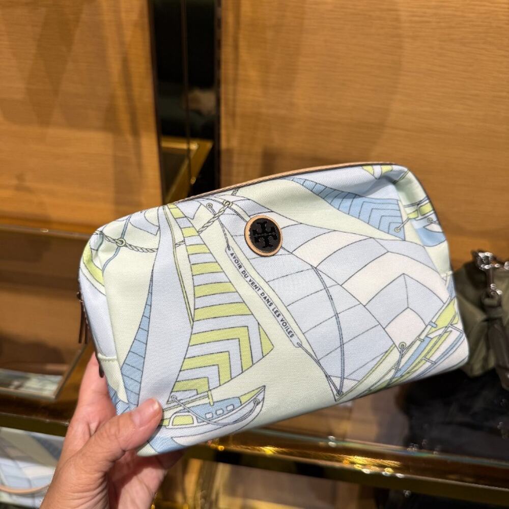 Tory Burch Nylon Printed Cosmetic Case 180111 Mint Sailboat Spiral $120